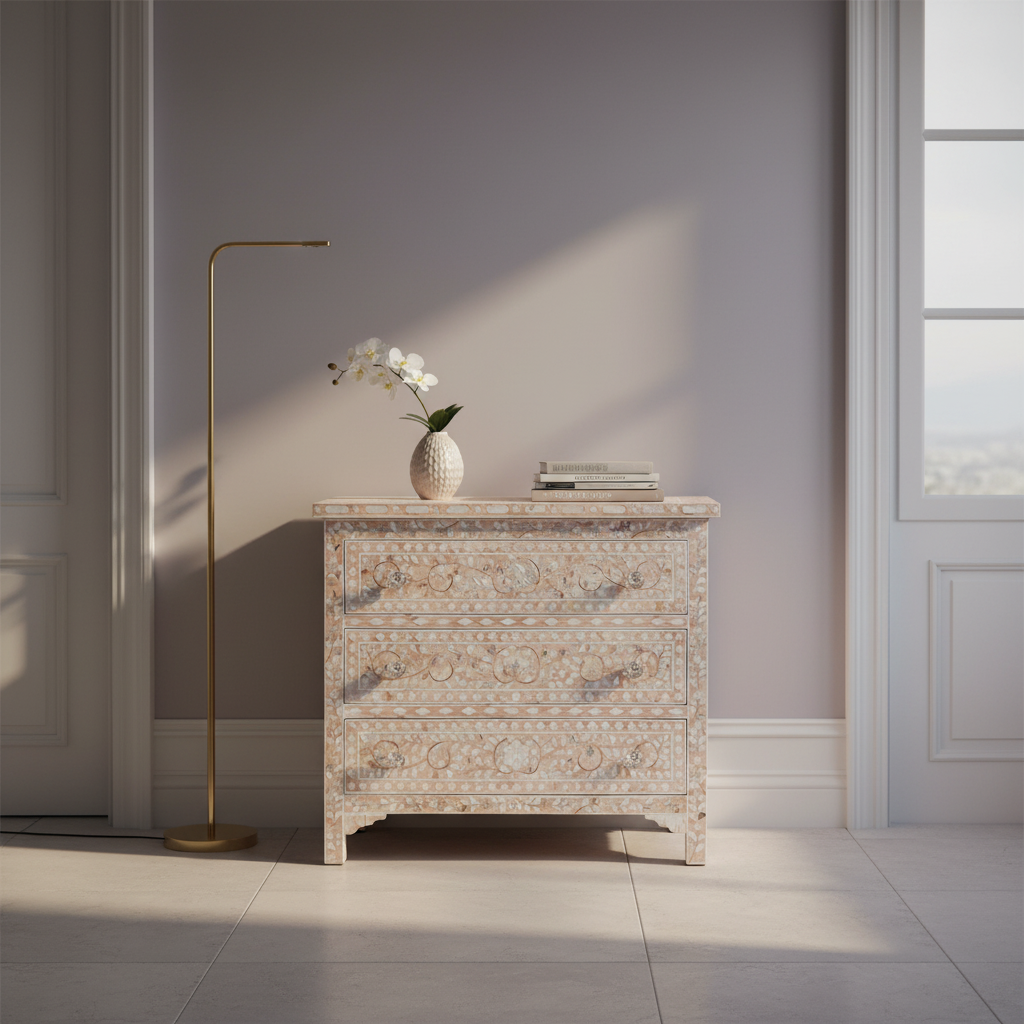 Mother of Pearl Floral Chest 3 Drawers : Light Pink