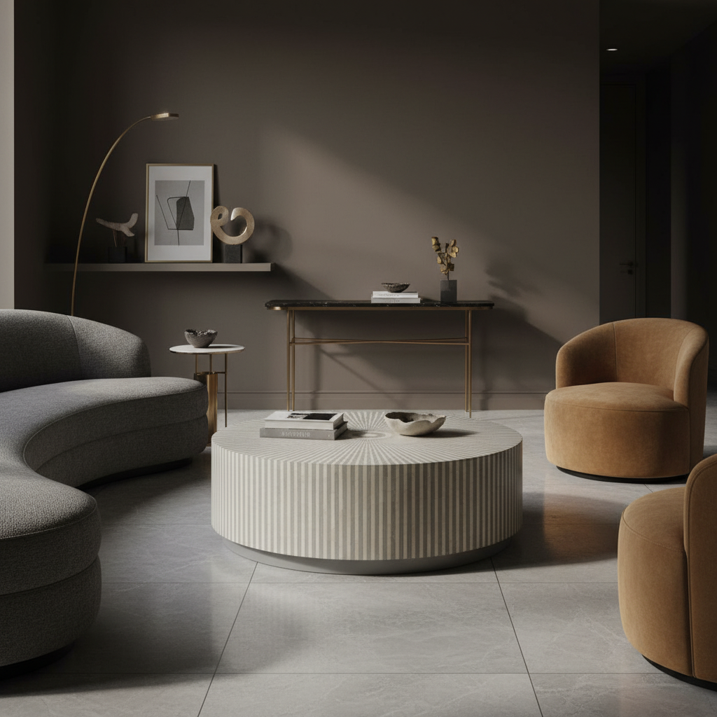 Bone Inlay Round Coffee Table : Stripe : Grey