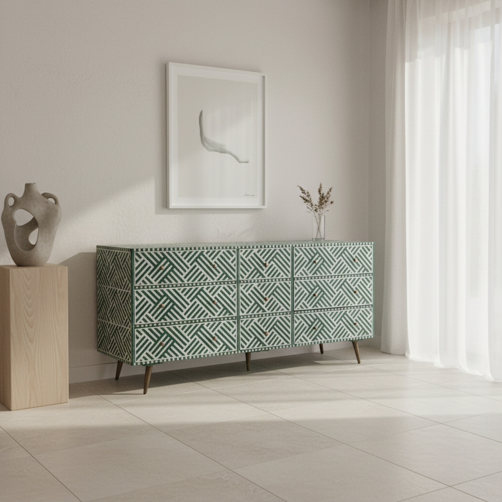 Bone Inlay 9 Drawer Sideboard : Criss Cross : Dark Green