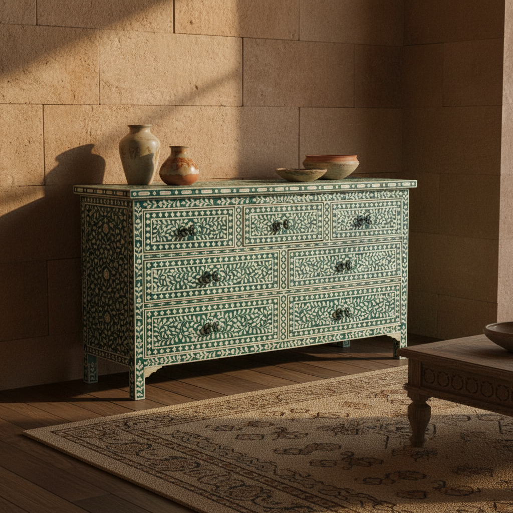 Bone Inlay 7 Drawer Chest : Floral : Emerald Green