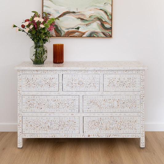 Mother of Pearl Inlay 7 Drawer Chest : Floral : White