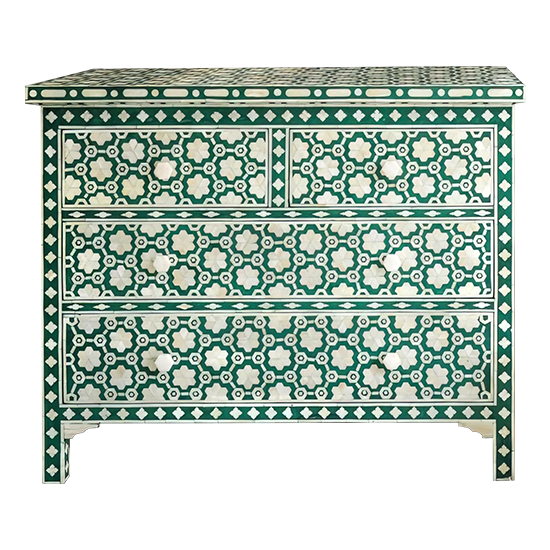 Bone Inlay 4 Drawer Chest : Hexafloral : Green