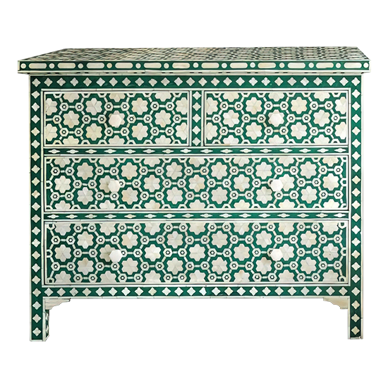 Bone Inlay 4 Drawer Chest : Hexafloral : Green