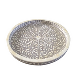 Bone Inlay Round Tray : Floral : Grey