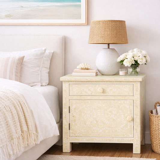 Bone Inlay Large Bedside Cabinet : Liana : White