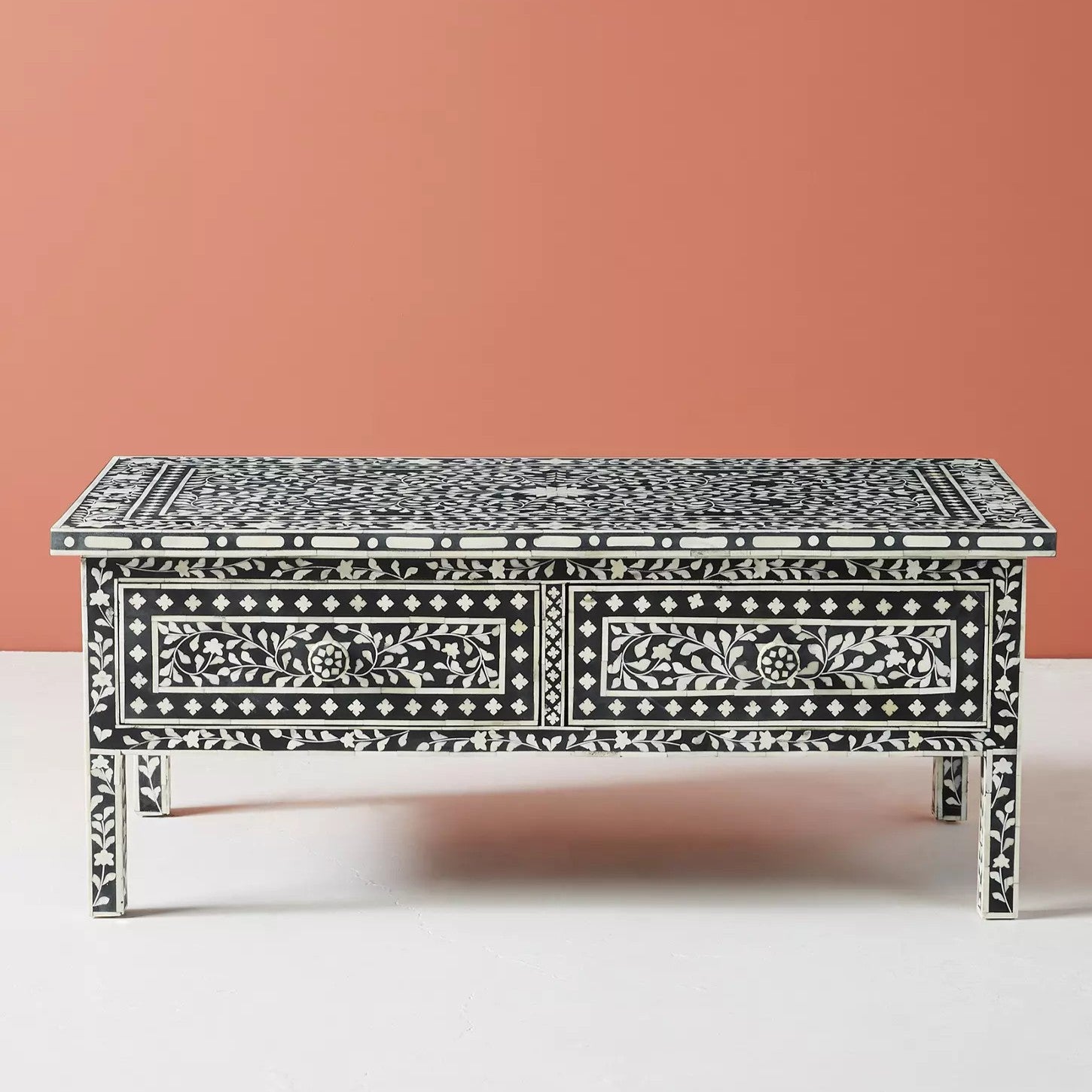 Bone Inlay Rectangular Coffee Table : Floral : Black