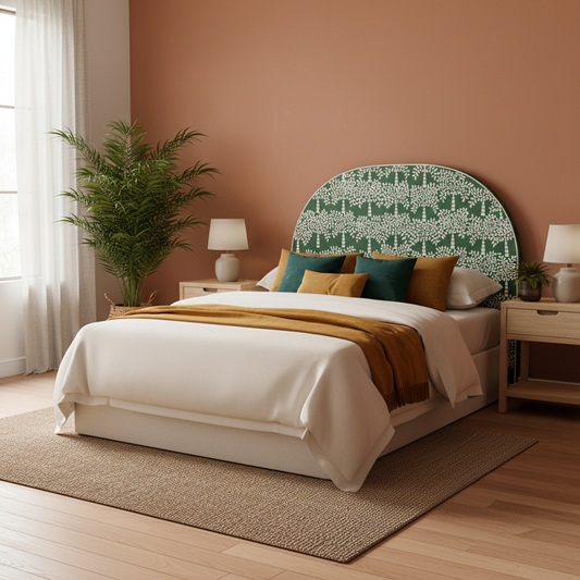 Bedroom with a bed featuring a green patterned headboard, white bedding, and colorful pillows.