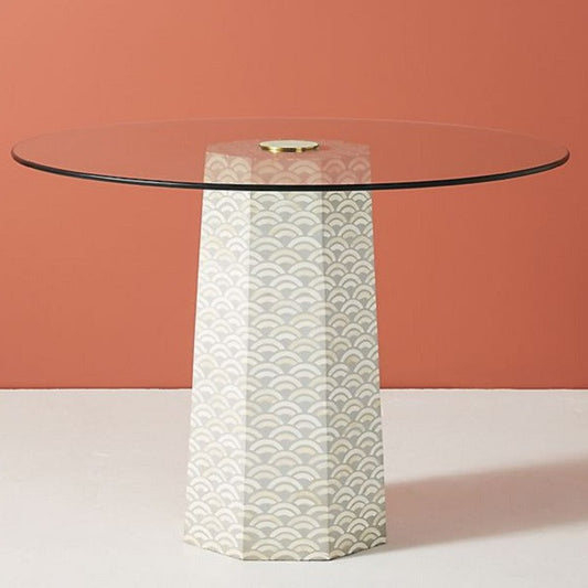 Bone Inlay Dining Table with Glass Top