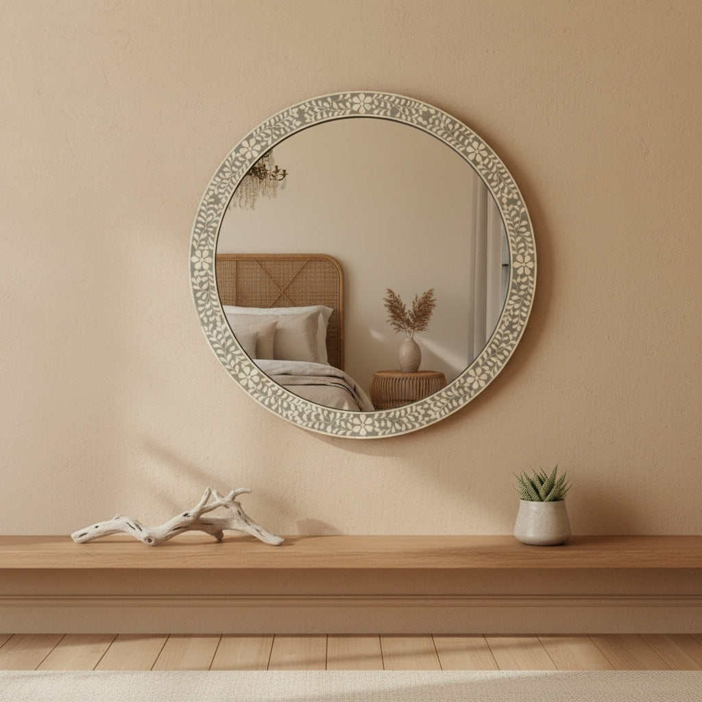 Bone Inlay Round Mirror : Floral : Grey