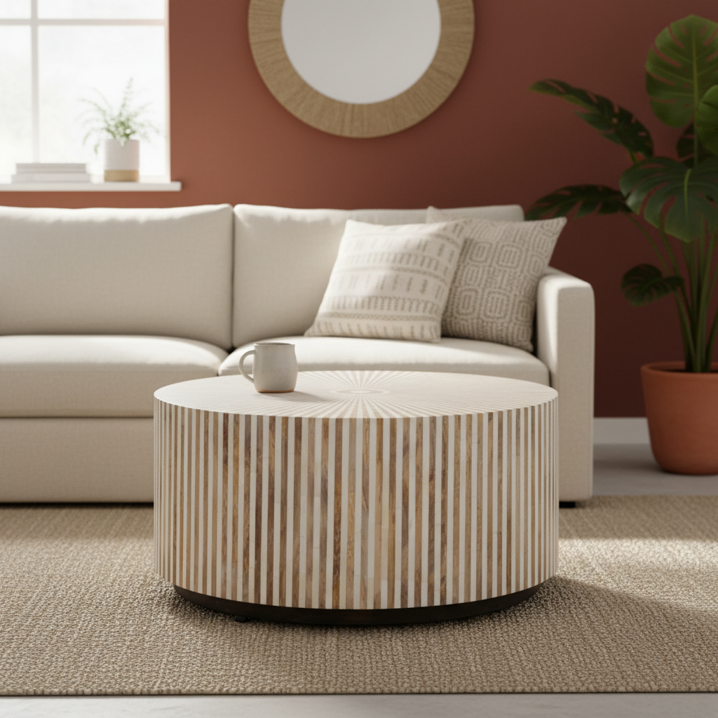 Bone & Timber Inlay Round Coffee Table (with castors)