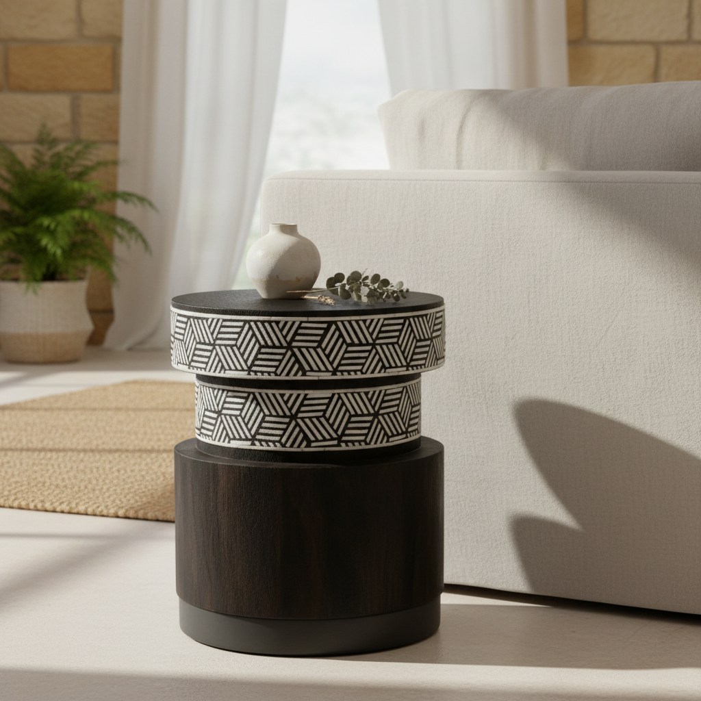 Bone Inlay & Timber Side Table : Criss Cross : Black