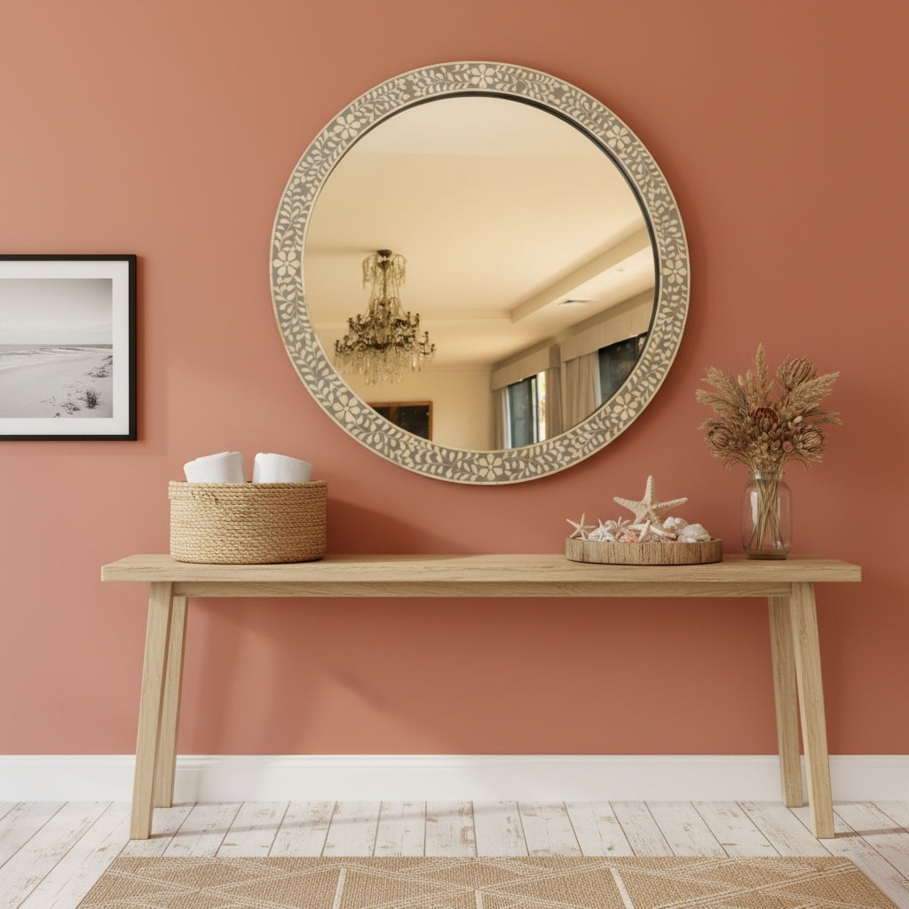 Bone Inlay Round Mirror : Floral : Grey
