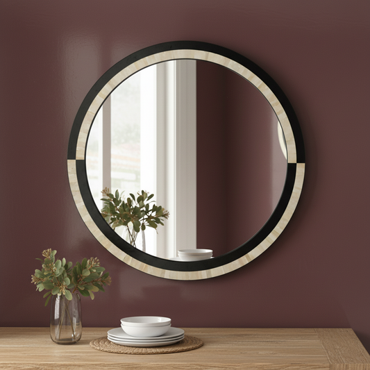 Bone Inlay Round Mirror : Black & White