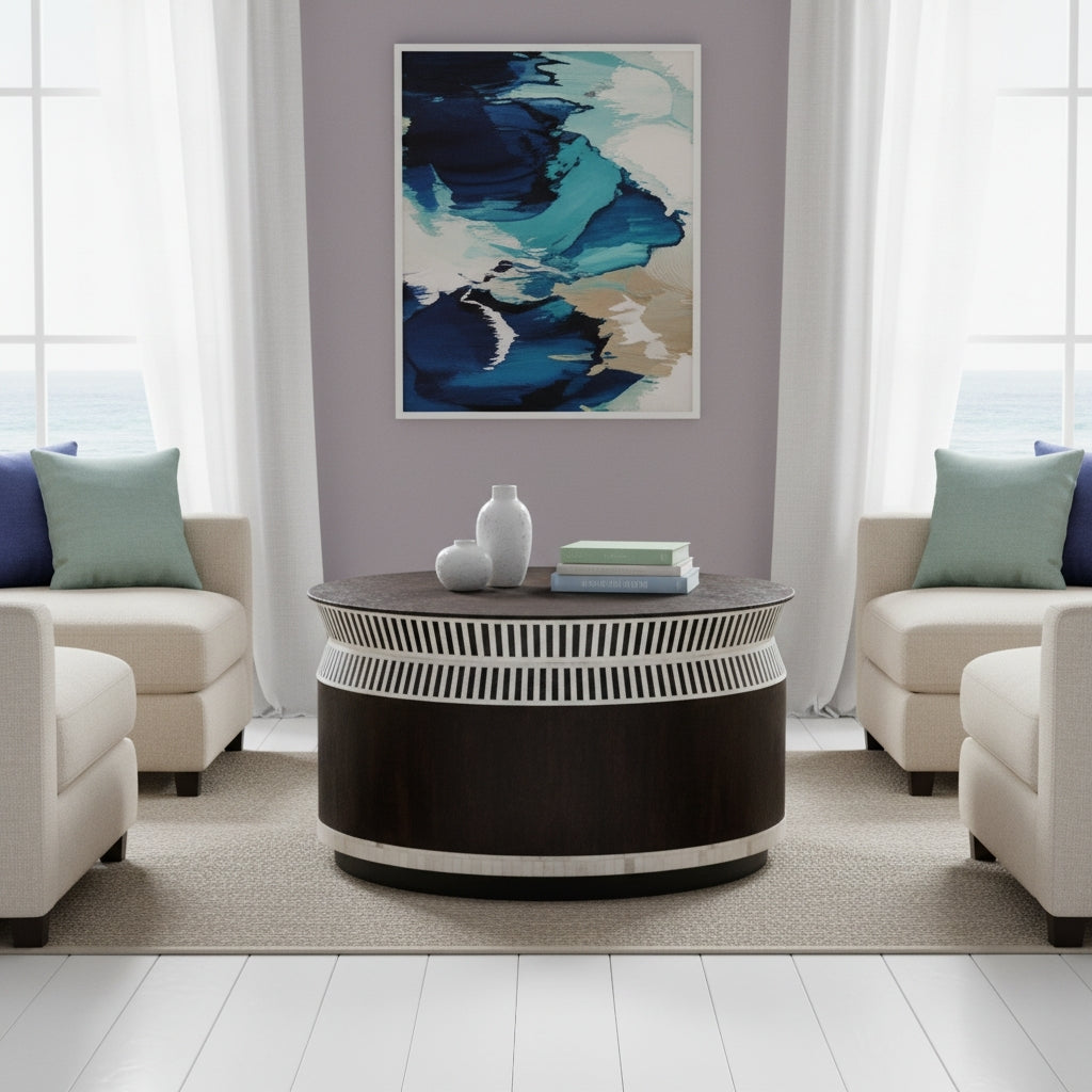 Bone Inlay Round Coffee Table : Charlston : Black