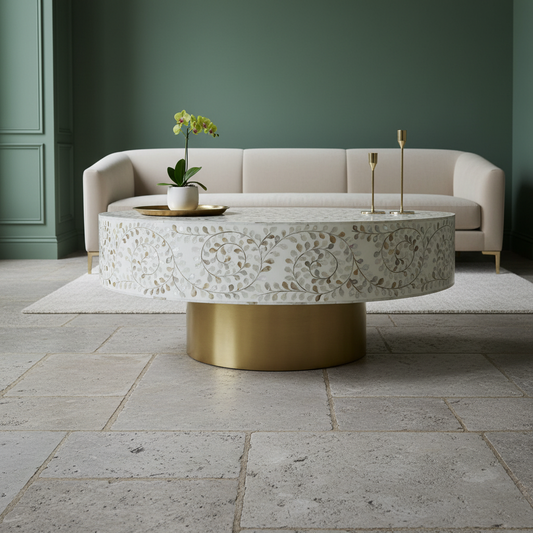 Mother of Pearl Inlay Coffee Table : Floral : White