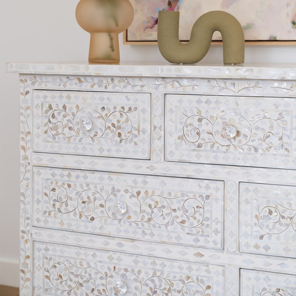 Mother of Pearl Inlay 7 Drawer Chest : Floral : White