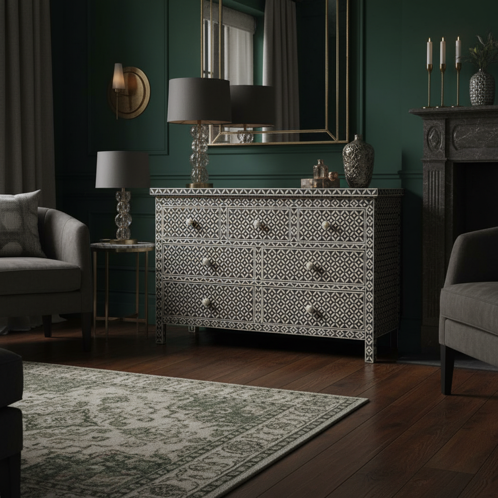 Bone Inlay 7 Drawer Chest : Starburst : Black