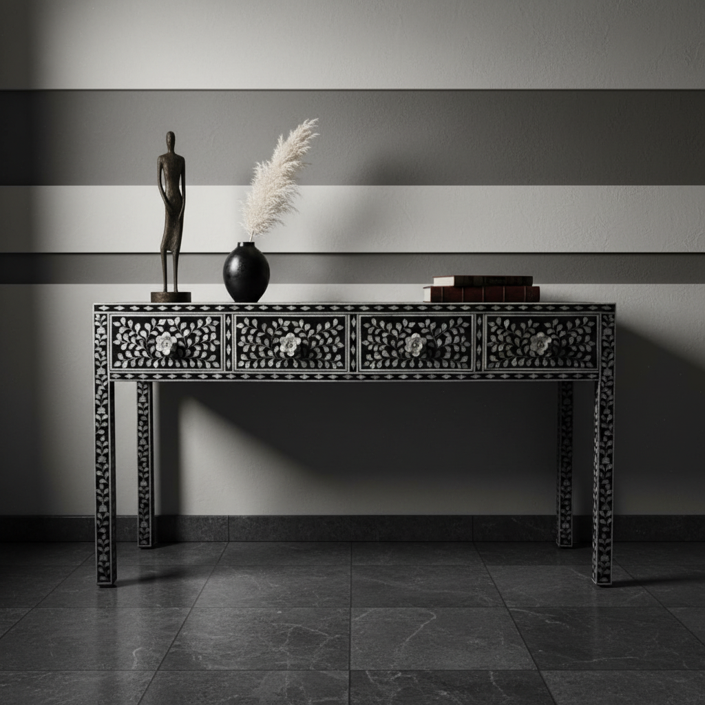 Mother of Pearl Inlay Console : Floral : Black