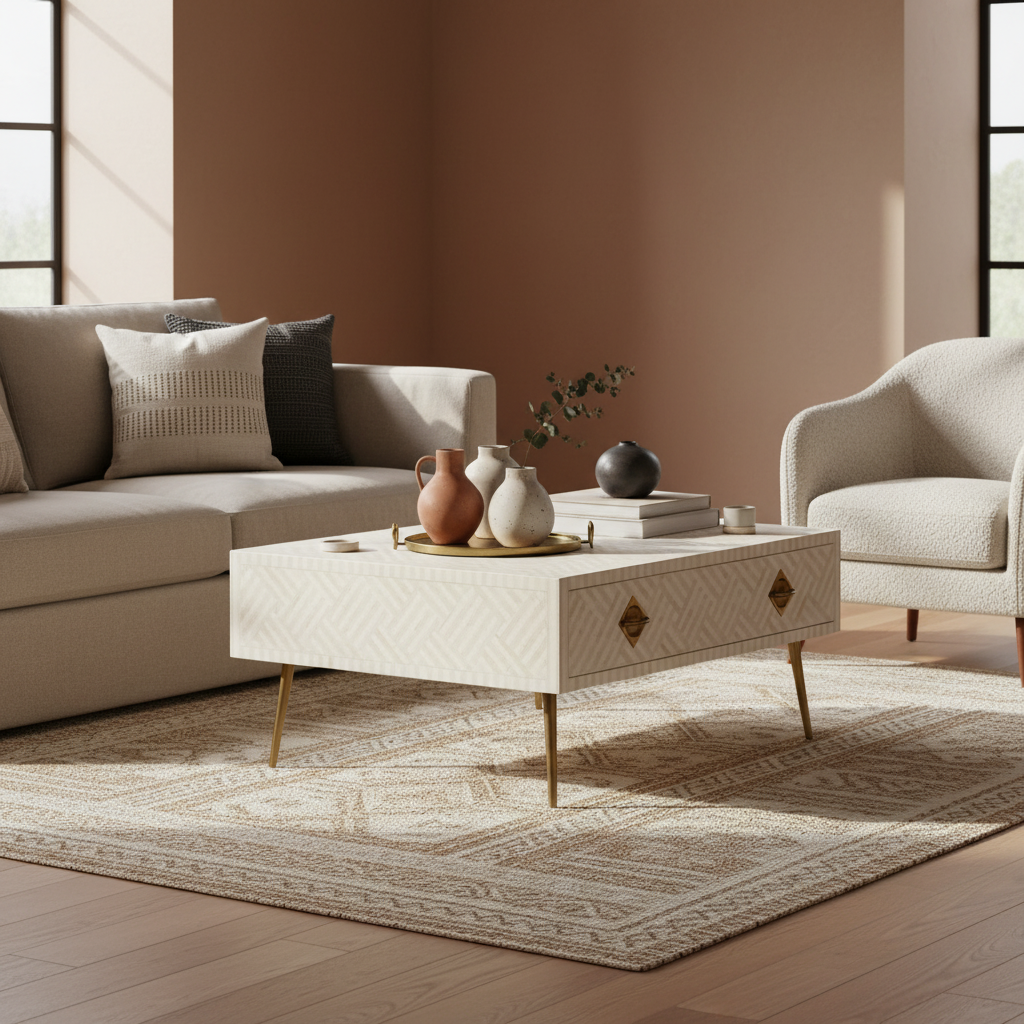 Bone Inlay Rectangular Coffee Table : Cross Cross : White