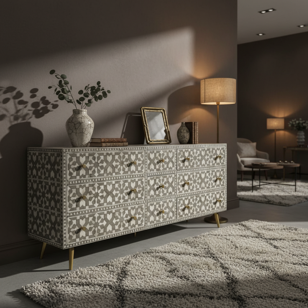 Bone Inlay 9 Drawer Sideboard : Zelliges : Grey
