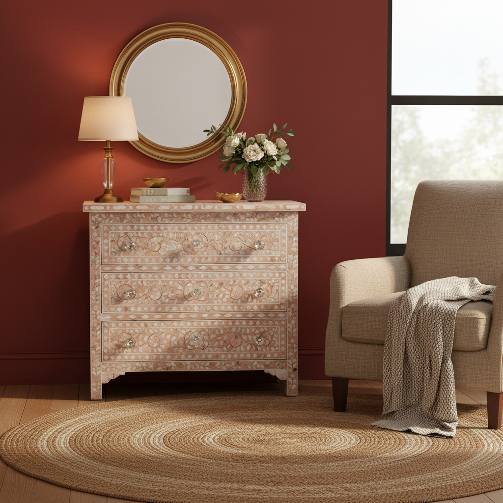 Mother of Pearl Floral Chest 3 Drawers : Light Pink