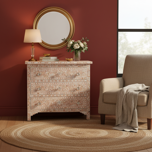 Mother of Pearl Floral Chest 3 Drawers : Light Pink