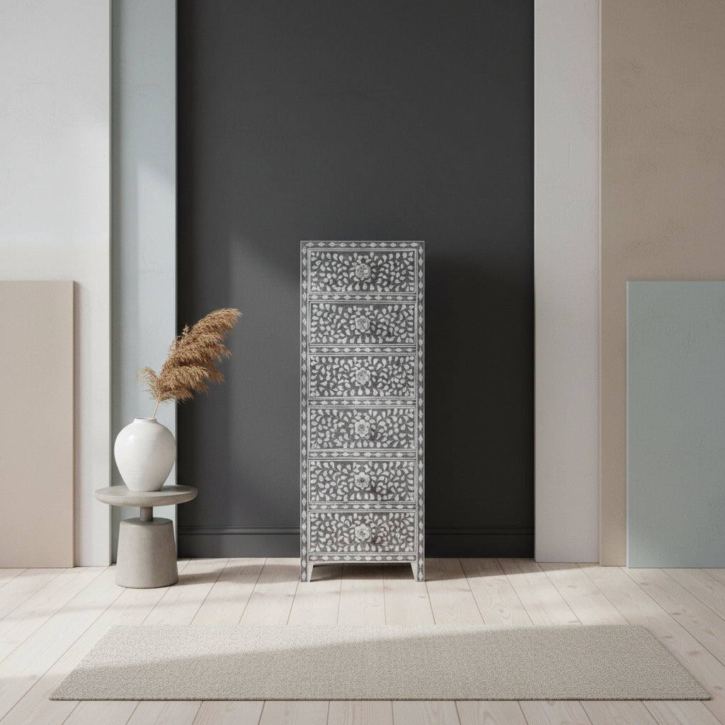Mother of Pearl Inlay Tallboy : Floral : Grey