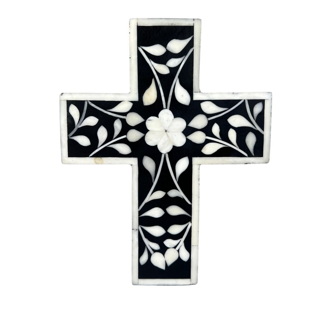 Bone Inlay Small Cross : Floral : Black