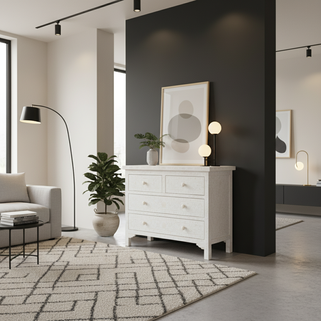 Bone Inlay 4 Drawer Chest : Floral : White