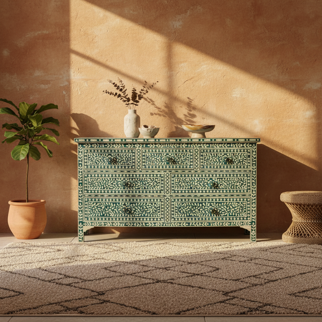 Bone Inlay 7 Drawer Chest : Floral : Emerald Green