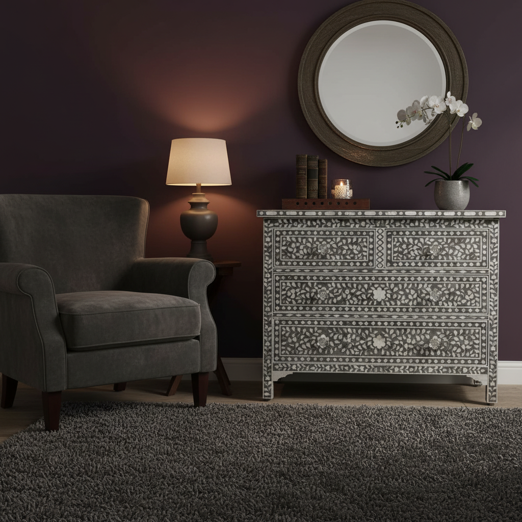 Mother of Pearl Inlay 4 Drawer Chest : Floral : Grey