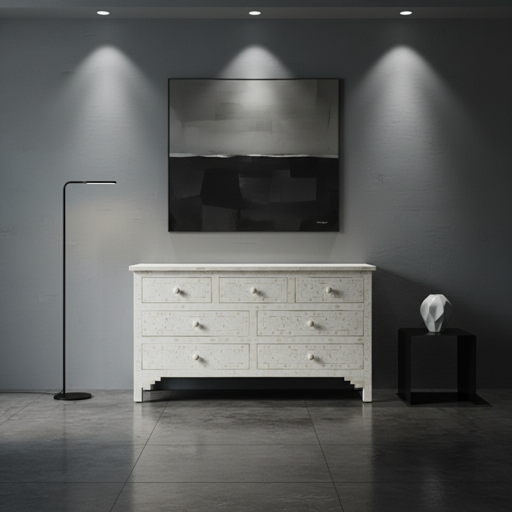 Bone Inlay 7 Drawer Chest : Floral : White