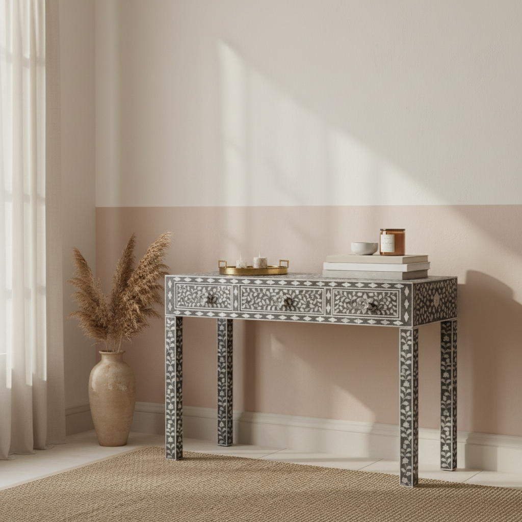 Mother of Pearl Inlay Console : Floral : Grey