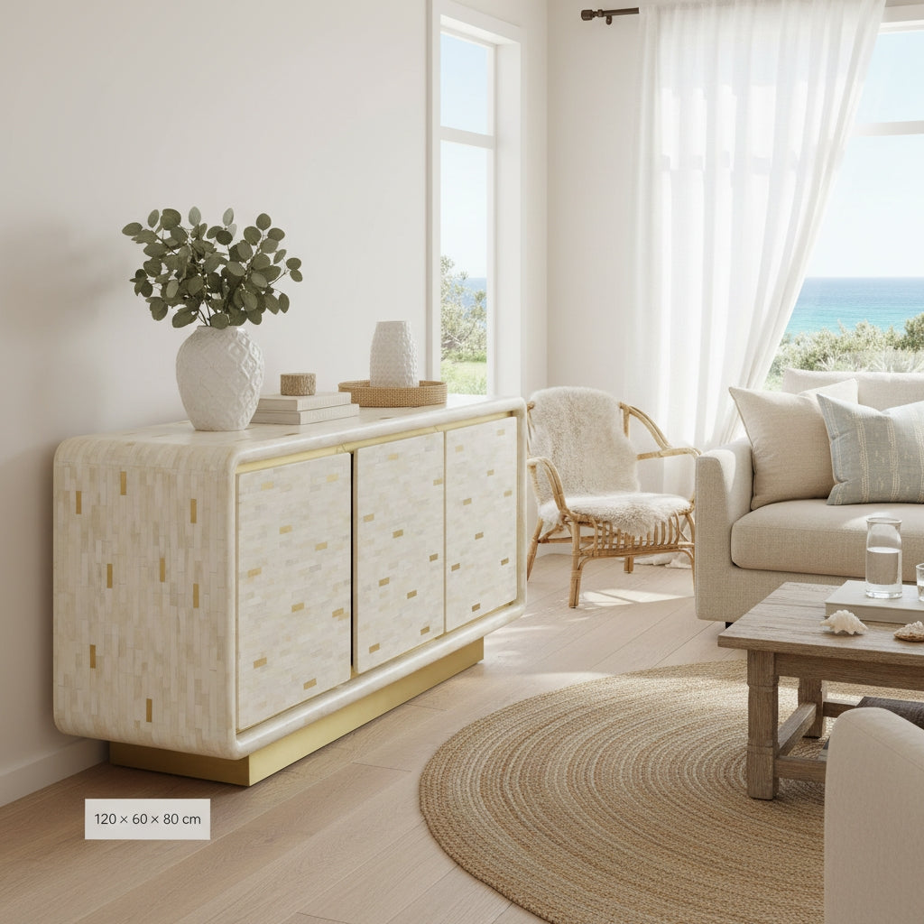 Bone Inlay 3 Door Buffet : Brickwork with Brass Accent : White