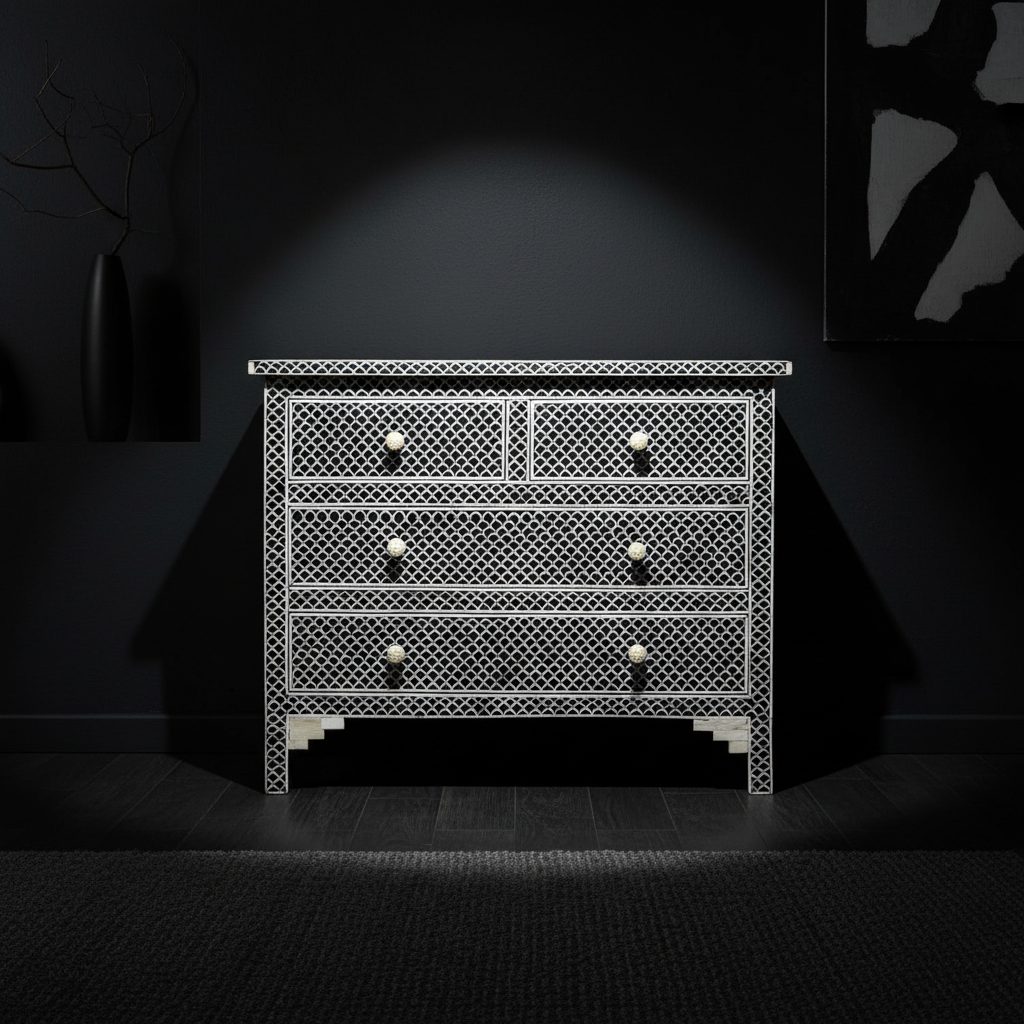 Bone Inlay 4 Drawer Chest : Scallop : Black