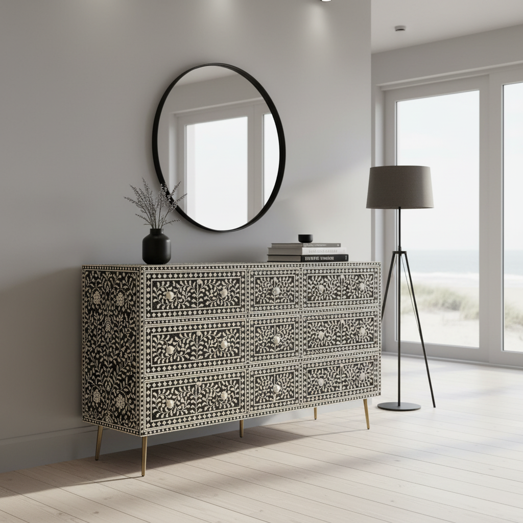 Bone Inlay 9 Drawer Sideboard : Liana : Black