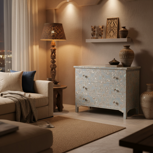 Mother of Pearl Inlay 4 Drawer Chest : Boteh : Blue