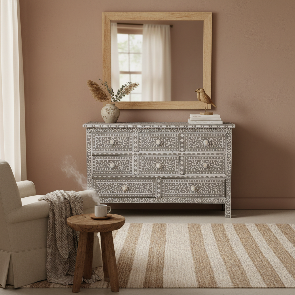 Bone Inlay 8 Drawer Chest : Floral : Grey