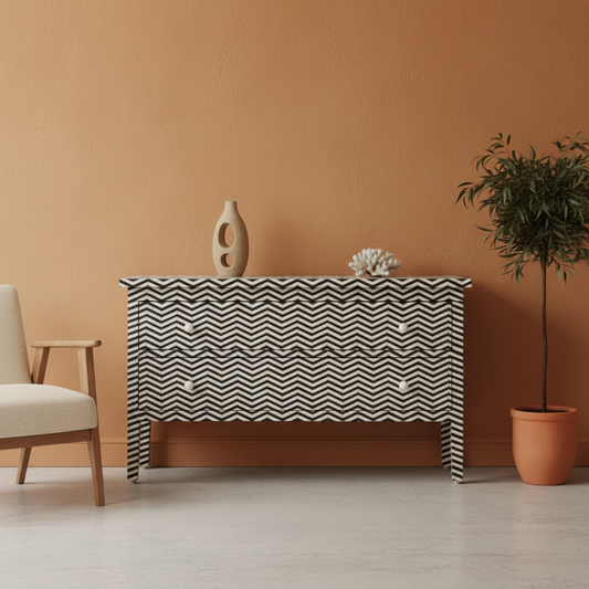 Bone Inlay 2 Drawer Chest : Zig Zag : Black
