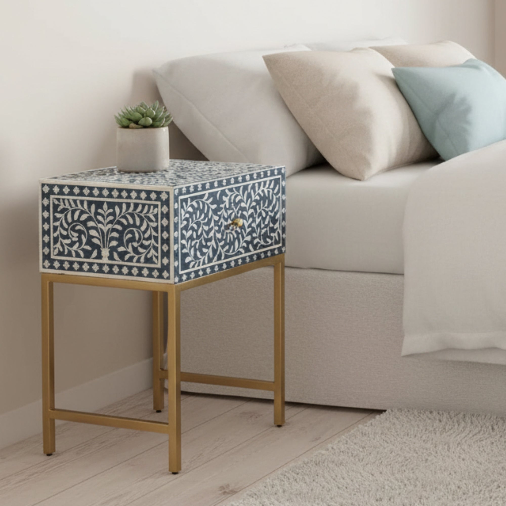 Bone Inlay 1 Drawer Bedside (with Metal Legs) : Liana : Navy Blue