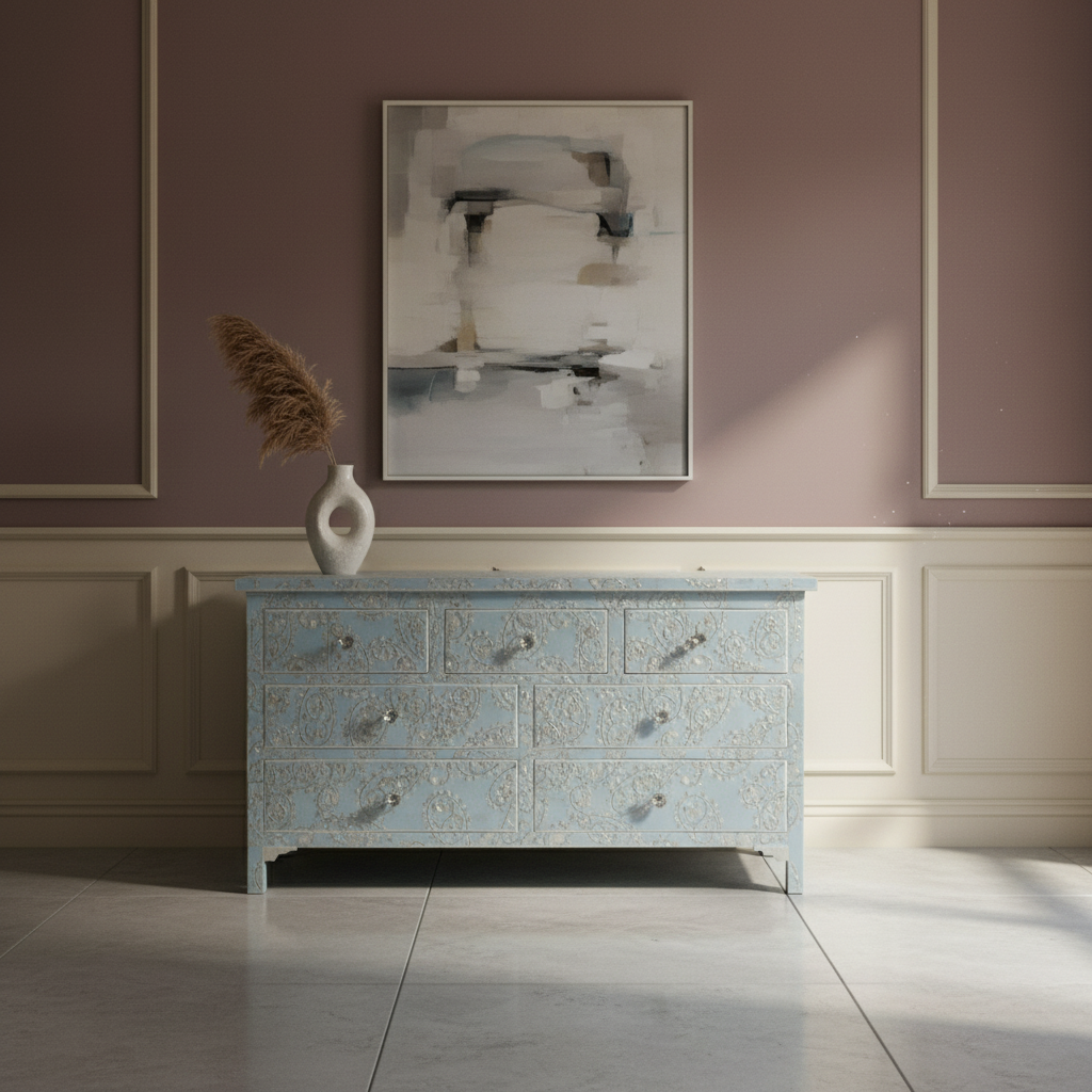 Mother of Pearl Inlay 7 Drawer Chest : Boteh : Blue