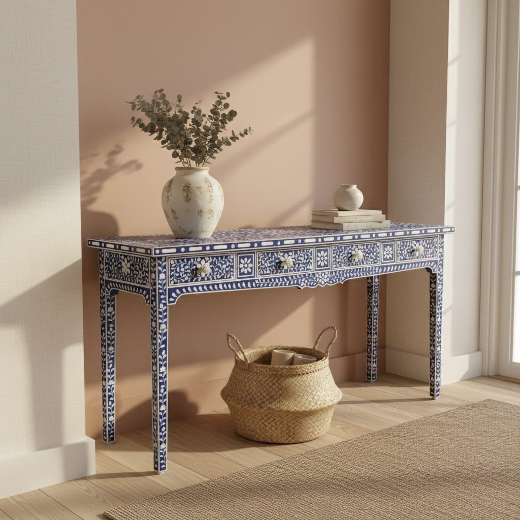 Bone Inlay Console with Scroll Apron : Floral : Blue