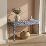 Bone Inlay Console with Scroll Apron : Floral : Blue