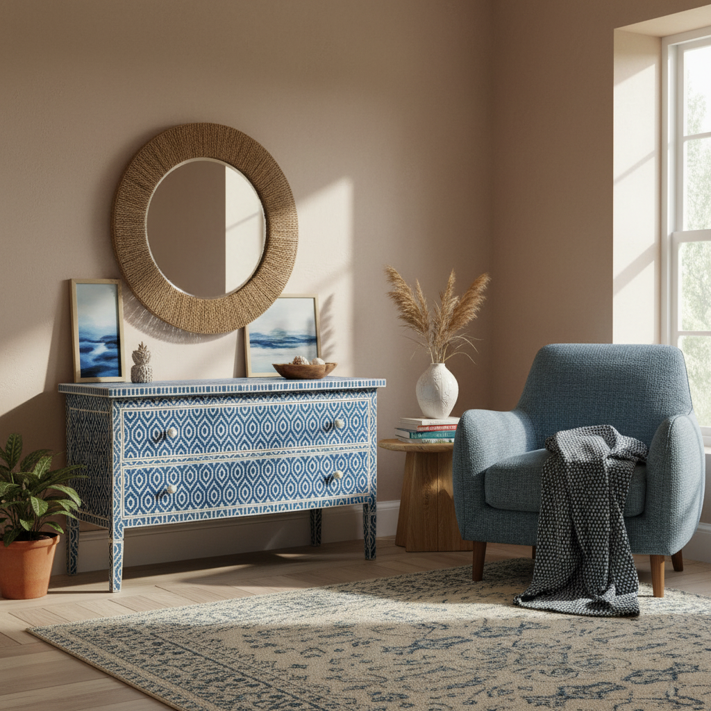 Bone Inlay 2 Drawer : Kilim : Blue