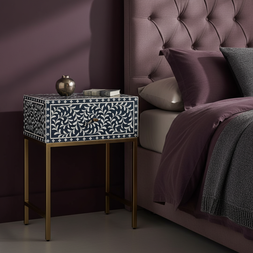 Bone Inlay 1 Drawer Bedside (with Metal Legs) : Liana : Navy Blue