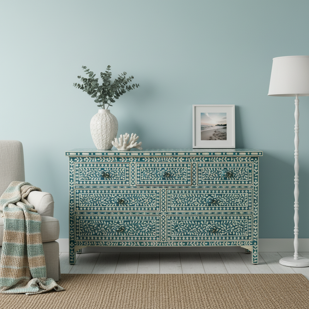 Bone Inlay 7 Drawer Chest : Floral : Emerald Green