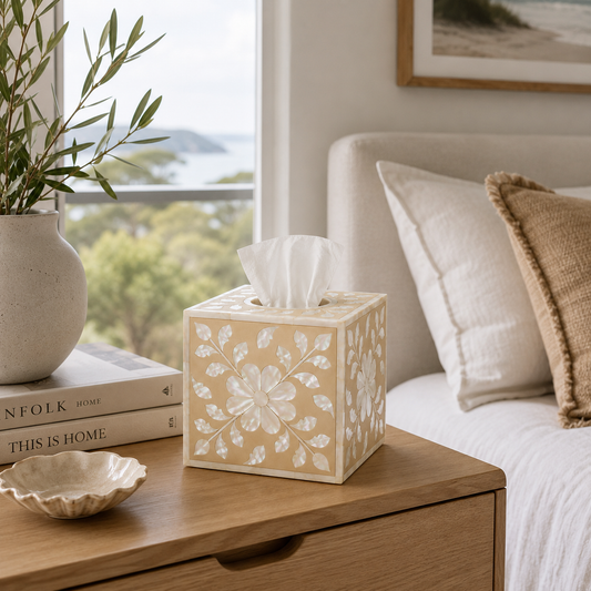 Mother of Pearl Inlay Small Tissue Holder : Floral : Sand