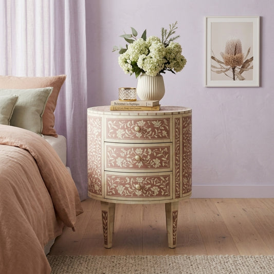 Bone Inlay Round Side Table : Floral : Blush