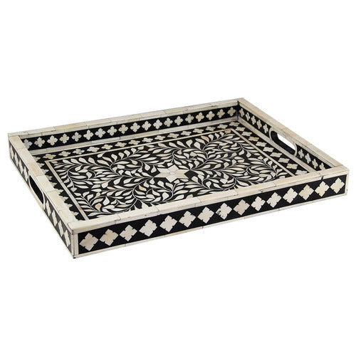 Bone Inlay Rectangular Tray : Floral : Black