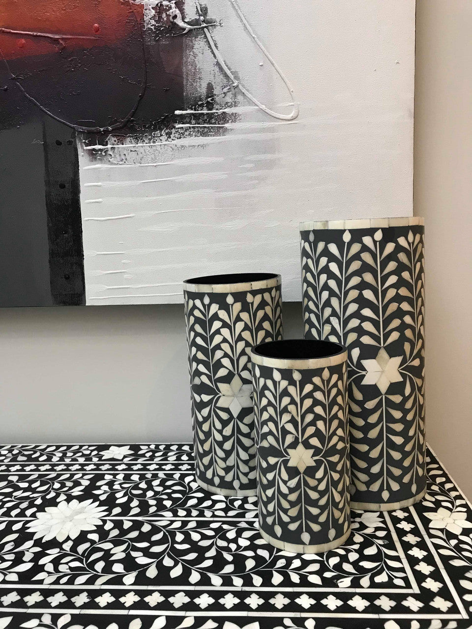 Bone Inlay Floral Vase : Grey Medium